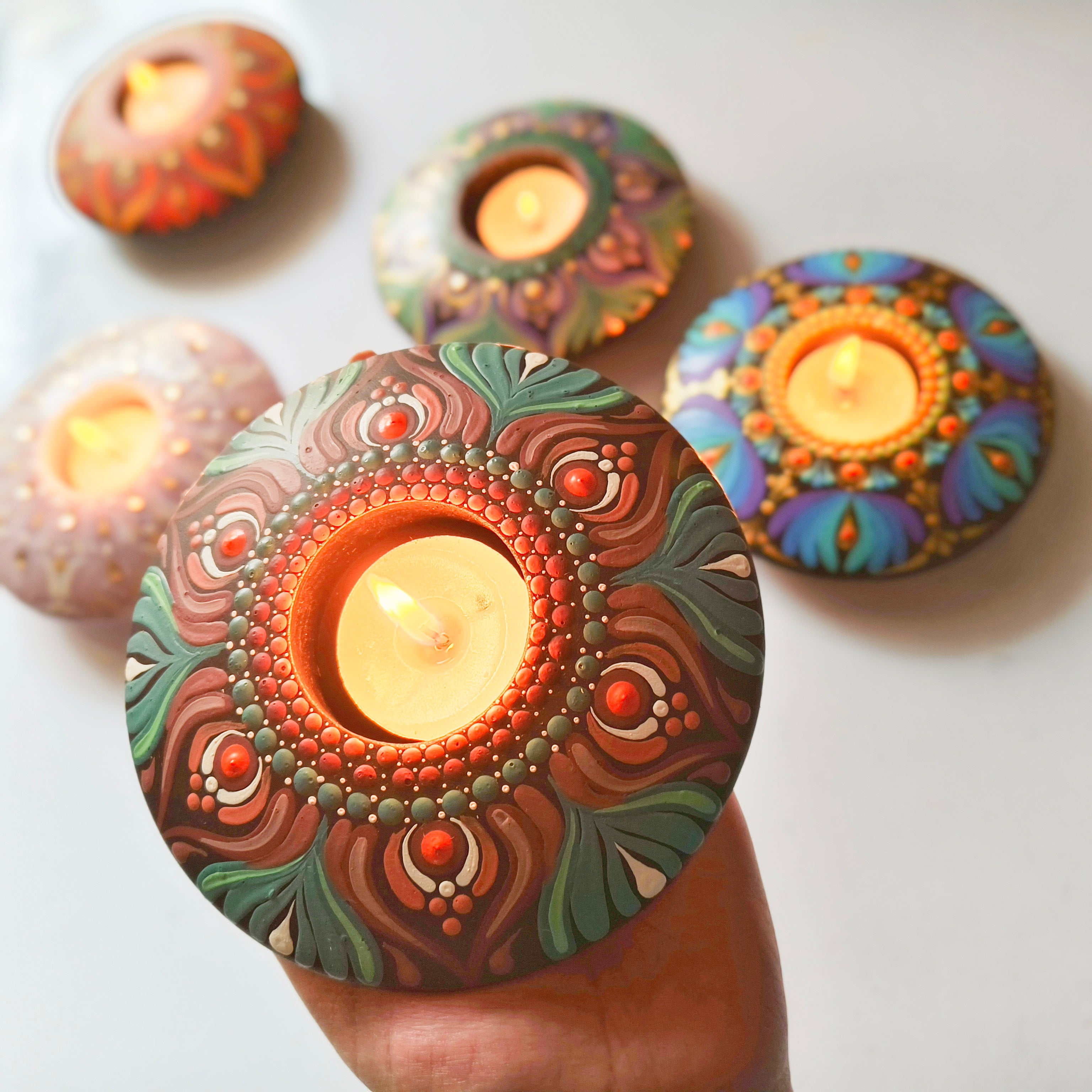 Hand-Painted Mandala Brown and Green T-Light Holder – Colorful Dot Art Candle Holder for Home Decor & Gifting