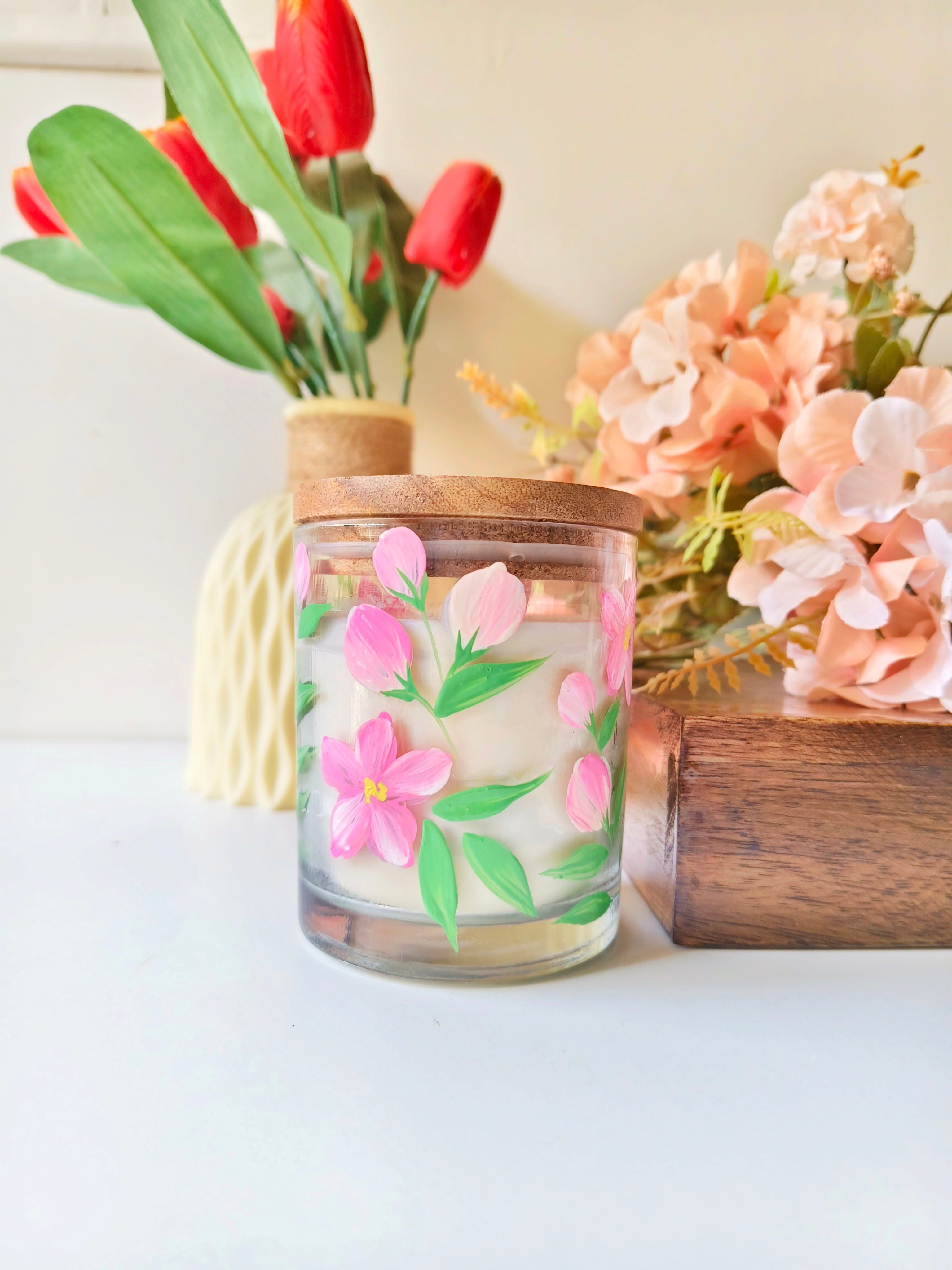 Hand-Painted Floral Candle Jar – Boho Glass Candle Holder