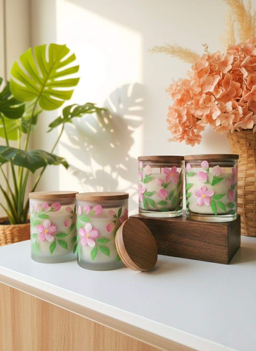 Hand-Painted Floral Candle Jar – Boho Glass Candle Holder