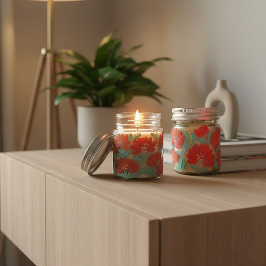 Hand-Painted Floral Scented Candle - Glass Jar , Soy Wax | Set of 2