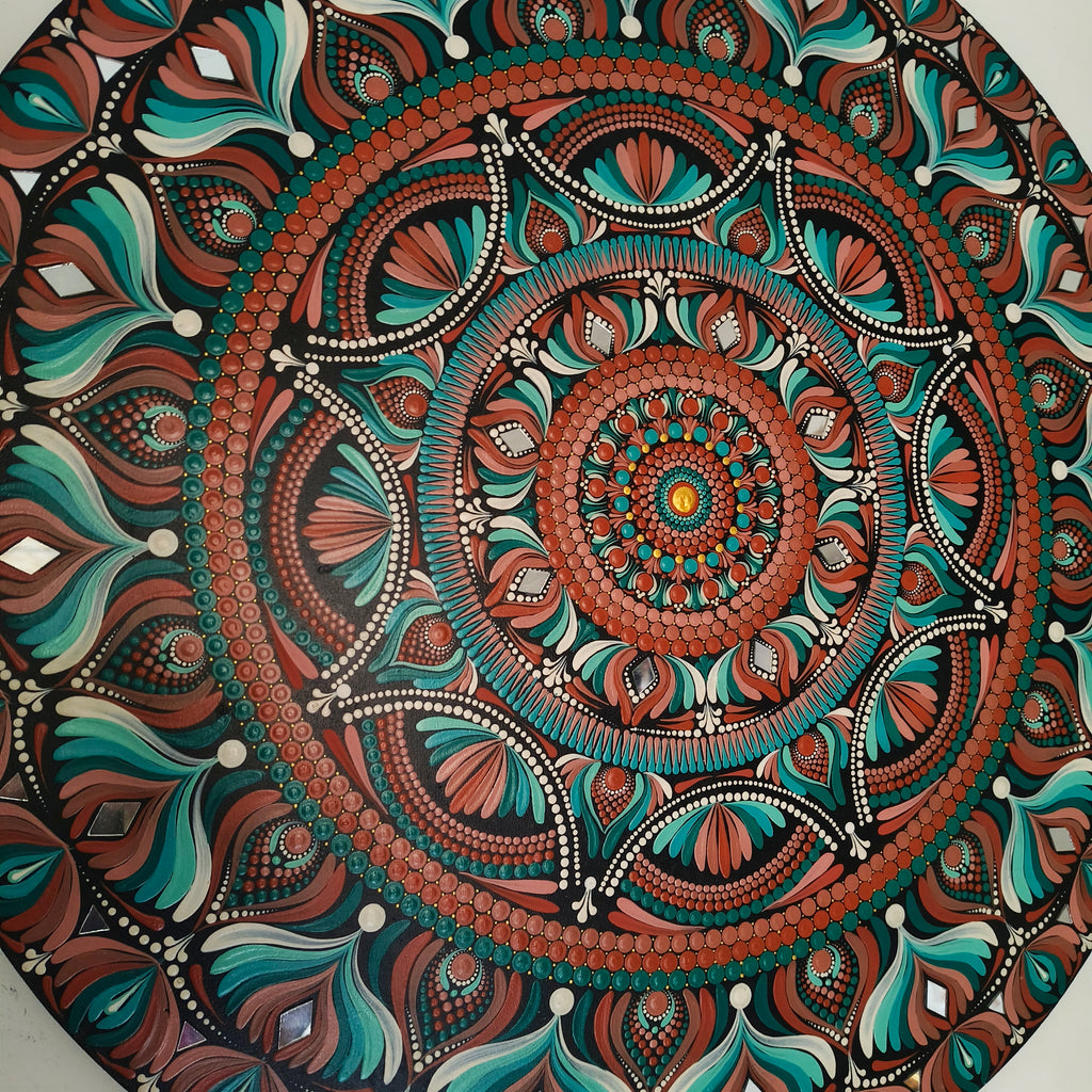 Original Hand-painted Dot Mandala Painting| 24" Teal, Orange, and Brown Bohemian Wall Art | Wall painting