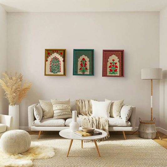 Original Hand-painted Mughal Jharokha Frame Set of 3 | Hand-Painted Indian Wall Decor | Wall art