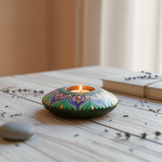 Hand-Painted Mandala Purple and Green T-Light Holder – Colorful Dot Art Candle Holder for Home Decor & Gifting