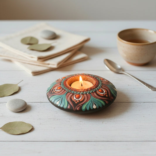 Hand-Painted Mandala Brown and Green T-Light Holder – Colorful Dot Art Candle Holder for Home Decor & Gifting