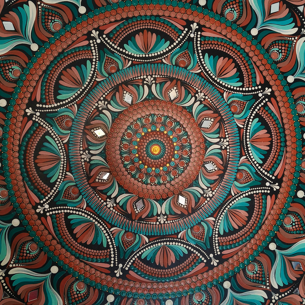 Original Hand-painted Dot Mandala Painting| 24" Teal, Orange, and Brown Bohemian Wall Art | Wall painting