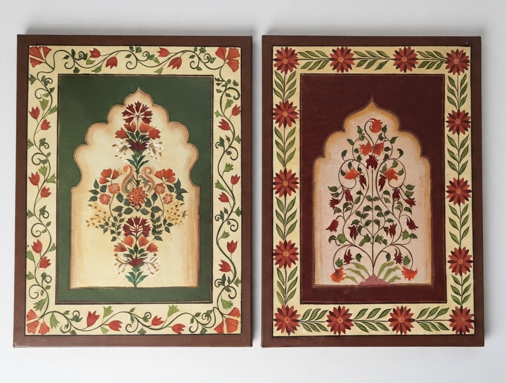 Hand-Painted Indian Jharokha Canvas Art | Set of 2 Traditional Mughal Arch Wall Decor | 18x14 Inches