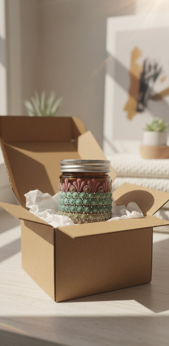 Hand-Painted Mandala Dot Art Scented Candle - Amber Glass, Soy Wax