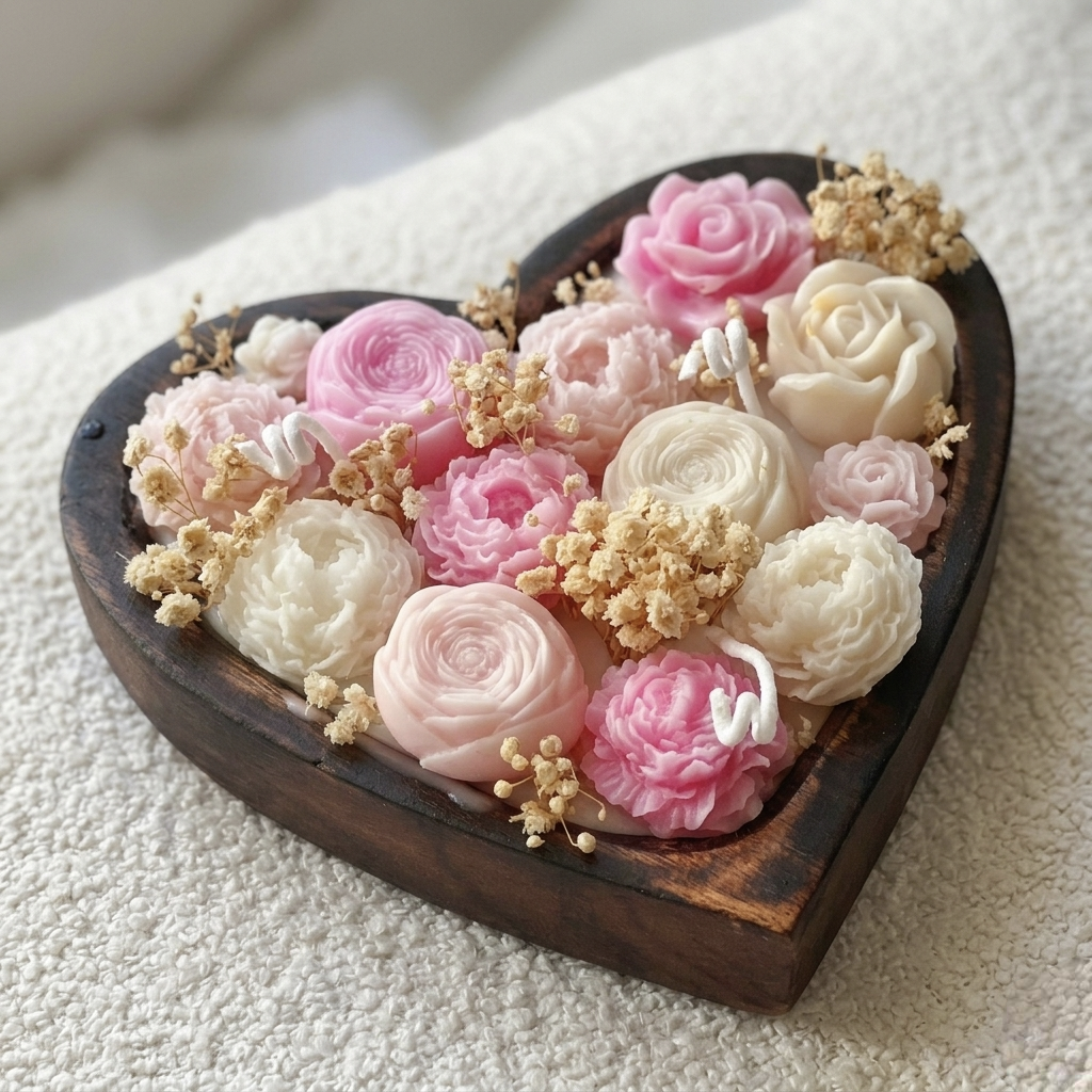 Heart Dough Bowl Candle with Pink & White Flower Bouquet, Luxury Hand-Poured Soy Wax, Mother’s Day Gift, Unique Home Decor, Heart Gift for Her, Aesthetic Candle