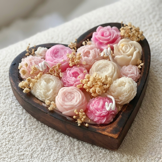 Heart Dough Bowl Candle with Pink & White Flower Bouquet, Luxury Hand-Poured Soy Wax, Mother’s Day Gift, Unique Home Decor, Heart Gift for Her, Aesthetic Candle