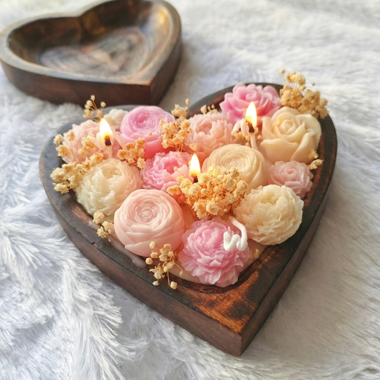 Heart Dough Bowl Candle with Pink & White Flower Bouquet, Luxury Hand-Poured Soy Wax, Mother’s Day Gift, Unique Home Decor, Heart Gift for Her, Aesthetic Candle