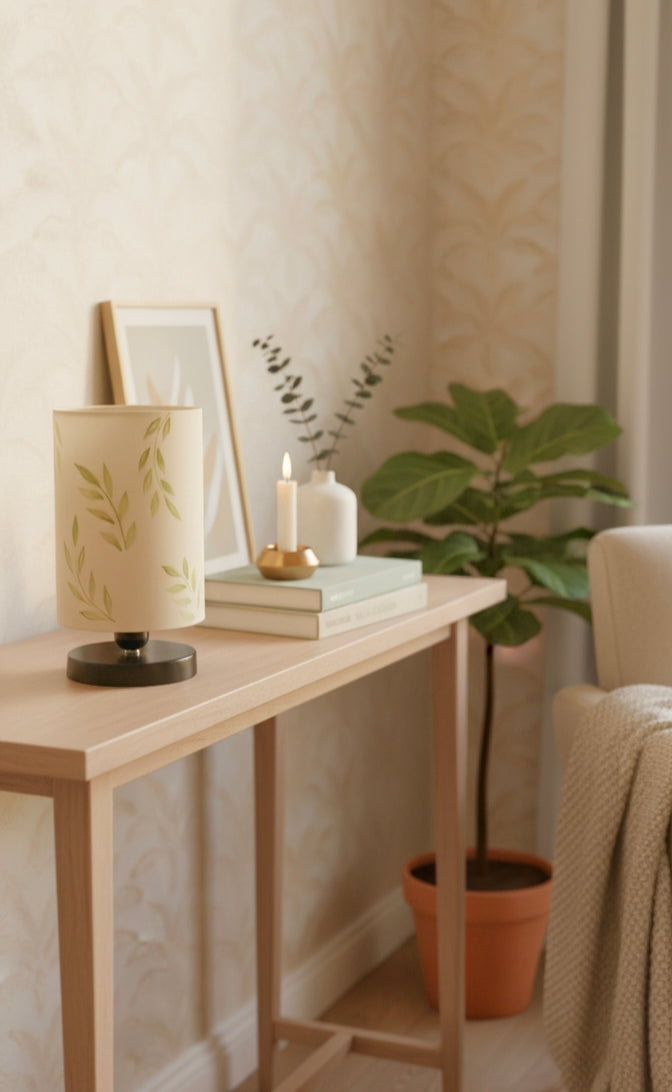 Hand-Painted Table Lamp Shade | Artisan leafy pattern Desk Lamp