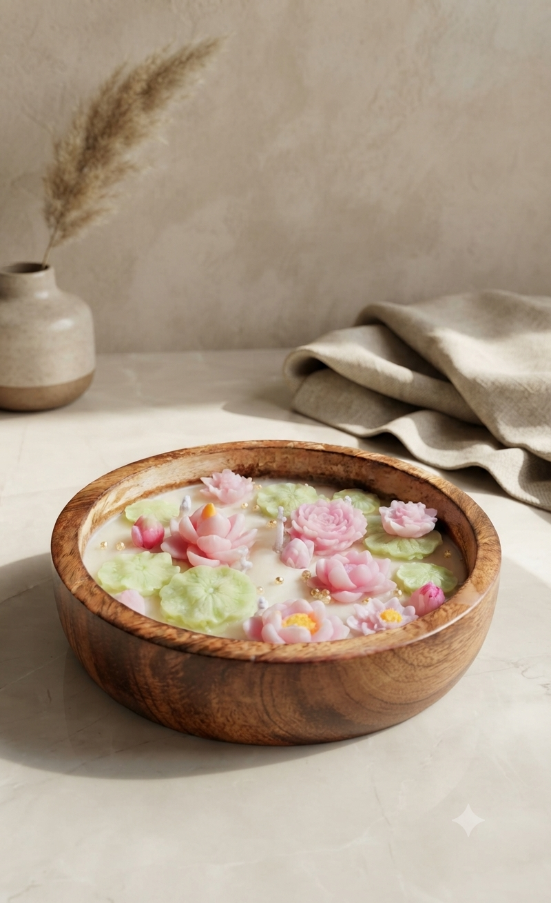 Lotus Pond Wooden Dough Bowl Candle | Luxury Soy Wax Decor
