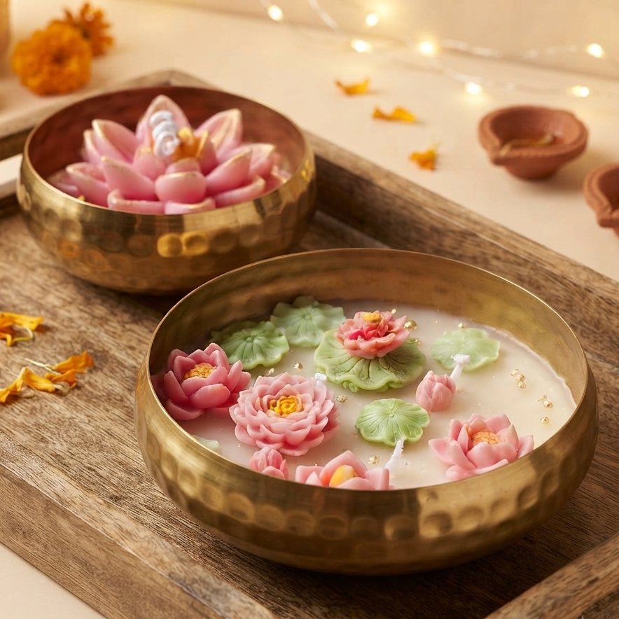 Lotus Urli Soy Wax Candle Set (5" & 4") | Festive Diwali Decor & Gifts