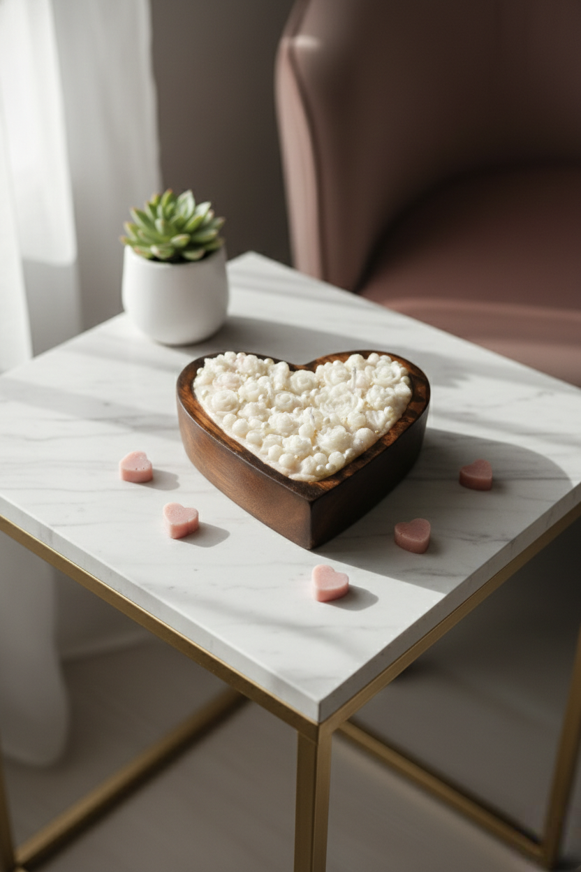 Hand-Poured Heart-Shaped Wooden Bowl Candle – Large White Rose & Pearl Artisanal Decor (15cm x 15cm)
