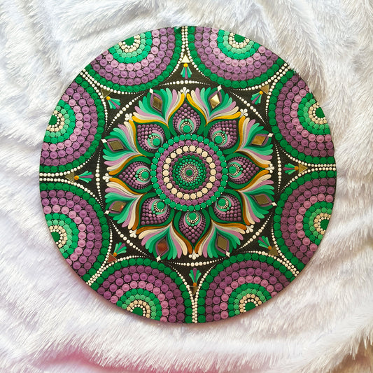 12" Purple and Green Dot Mandala Wall Art - Hand-Painted Pointillism on Canvas - Mirror Mosaic Boho Decor - Zen Meditation Gift - Unique Mandala Art
