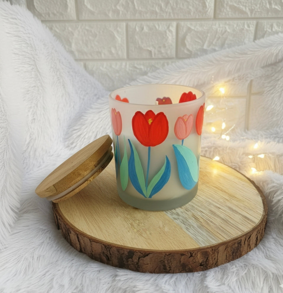 Hand-Painted Floral tulip pattern Candle Jar – Glass Candle Holder