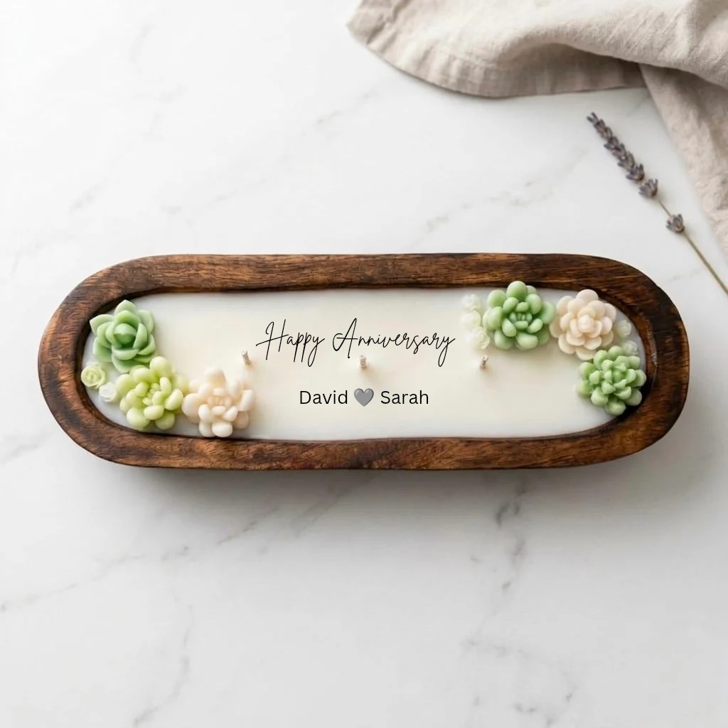 Personalized Succulent Dough Bowl Candle – 12x4 Custom Wooden Candle (Lavender Scent)