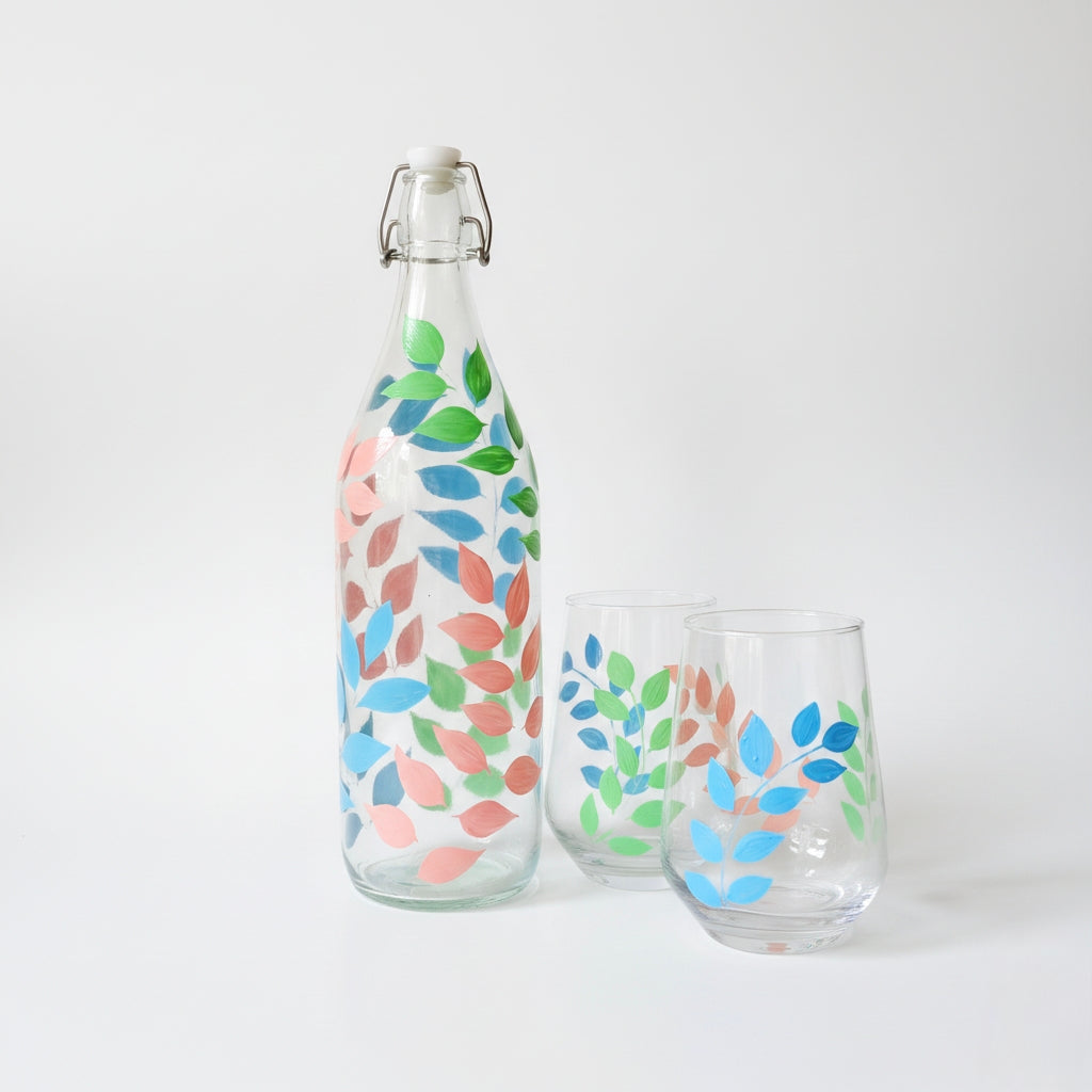 Handpainted Leafy pattern Glassware Set | Bottle and Tumblers, Gift set
