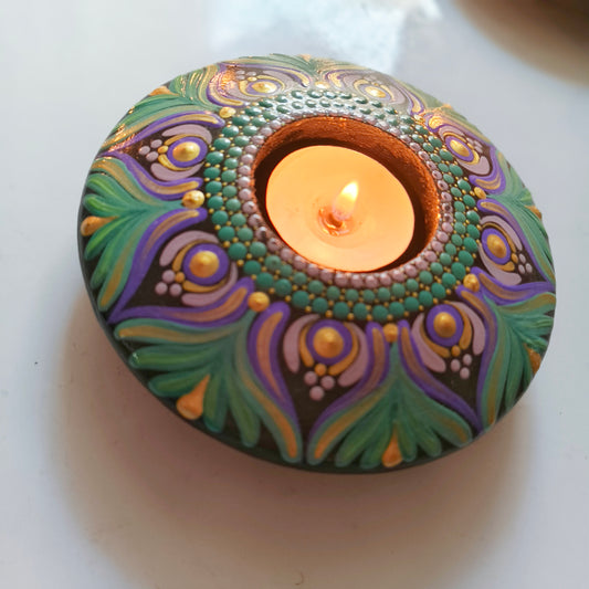 Hand-Painted Mandala Purple and Green T-Light Holder – Colorful Dot Art Candle Holder for Home Decor & Gifting