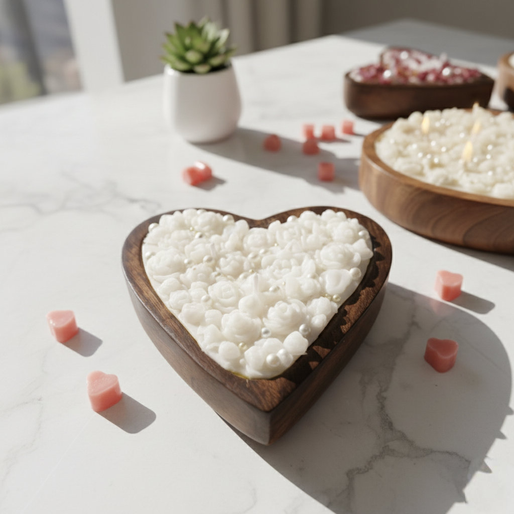 Hand-Poured Heart-Shaped Wooden Bowl Candle – Large White Rose & Pearl Artisanal Decor (15cm x 15cm)