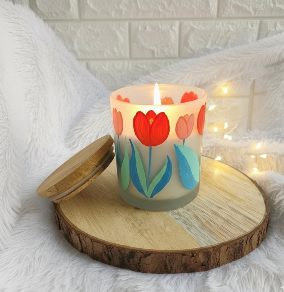 Hand-Painted Floral tulip pattern Candle Jar – Glass Candle Holder