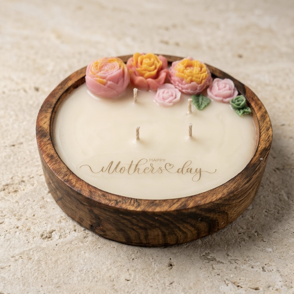 Handmade Wooden Dough Bowl Candle with Floral Embellishments (6 inches) - Lavender scented candle