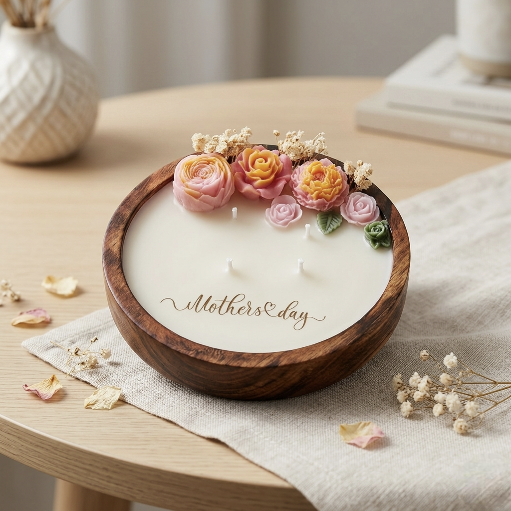 Handmade Wooden Dough Bowl Candle with Floral Embellishments (6 inches) - Lavender scented candle
