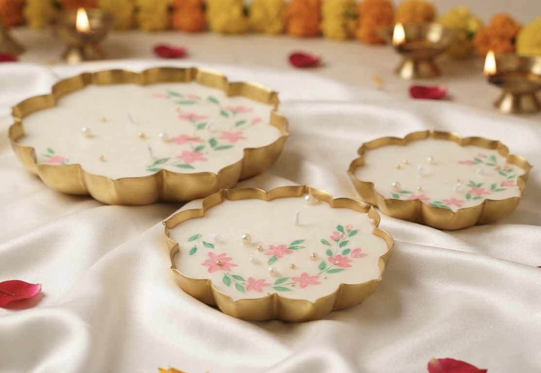 Hand-Painted Lotus Urli Candle Set – Set of 3 Decorative Floral Candles with Pearl Accents for Diwali Home Decor & Gifting