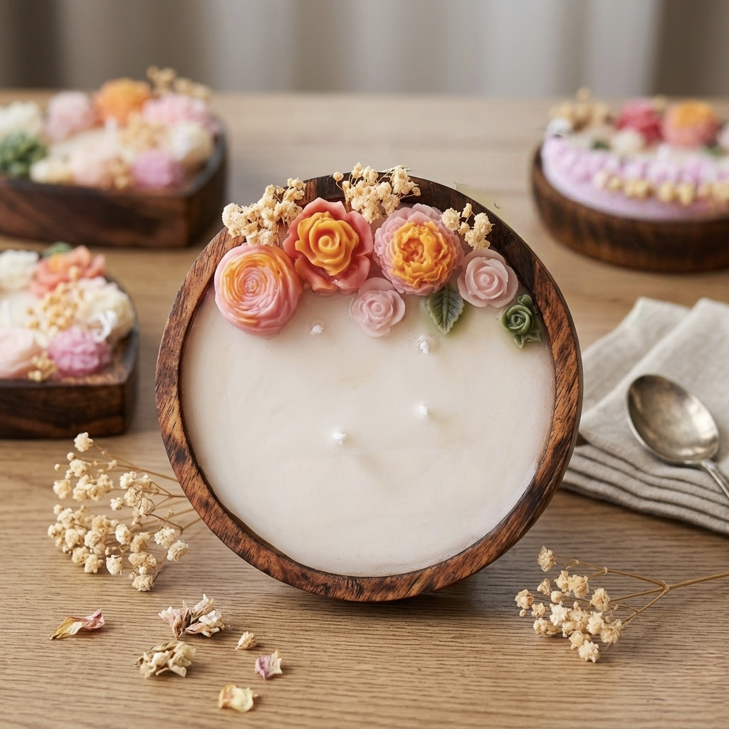 Handmade Wooden Dough Bowl Candle with Floral Embellishments (6 inches) - Lavender scented candle