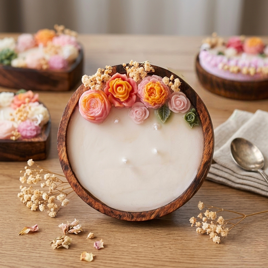 Handmade Wooden Dough Bowl Candle with Floral Embellishments (6 inches) - Lavender scented candle