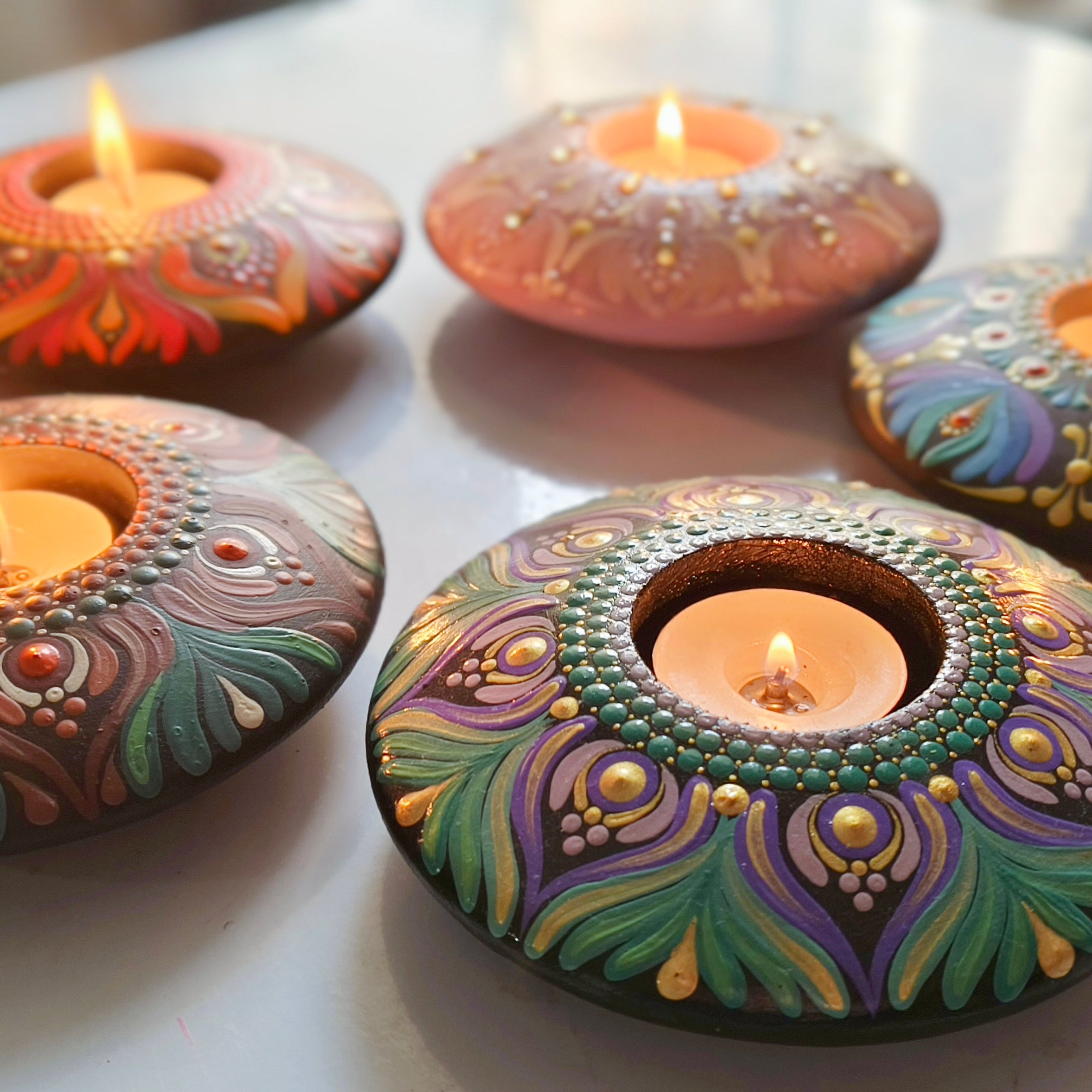 Hand-Painted Mandala Purple and Green T-Light Holder – Colorful Dot Art Candle Holder for Home Decor & Gifting
