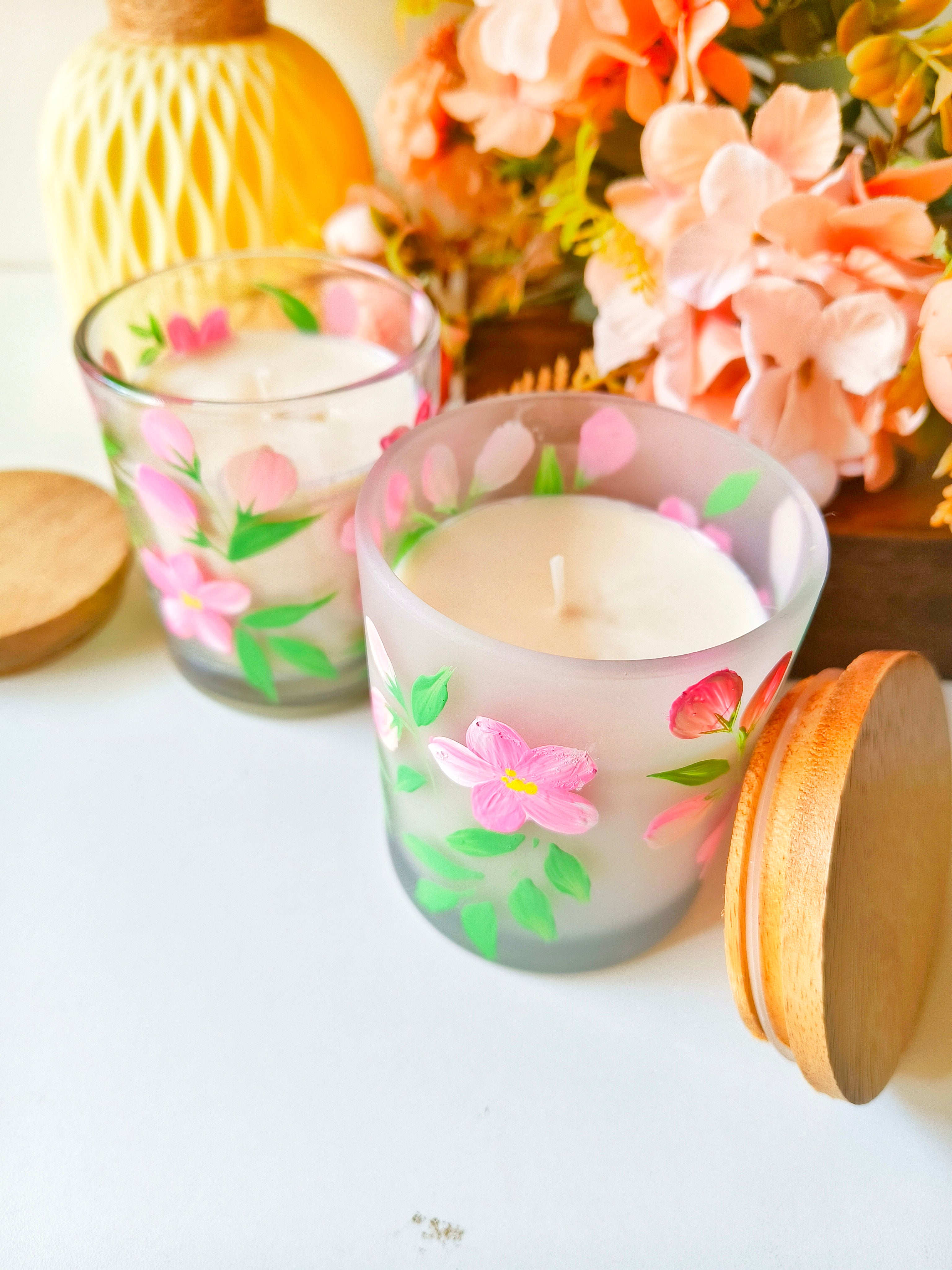 Hand-Painted Floral Candle Jar – Boho Glass Candle Holder