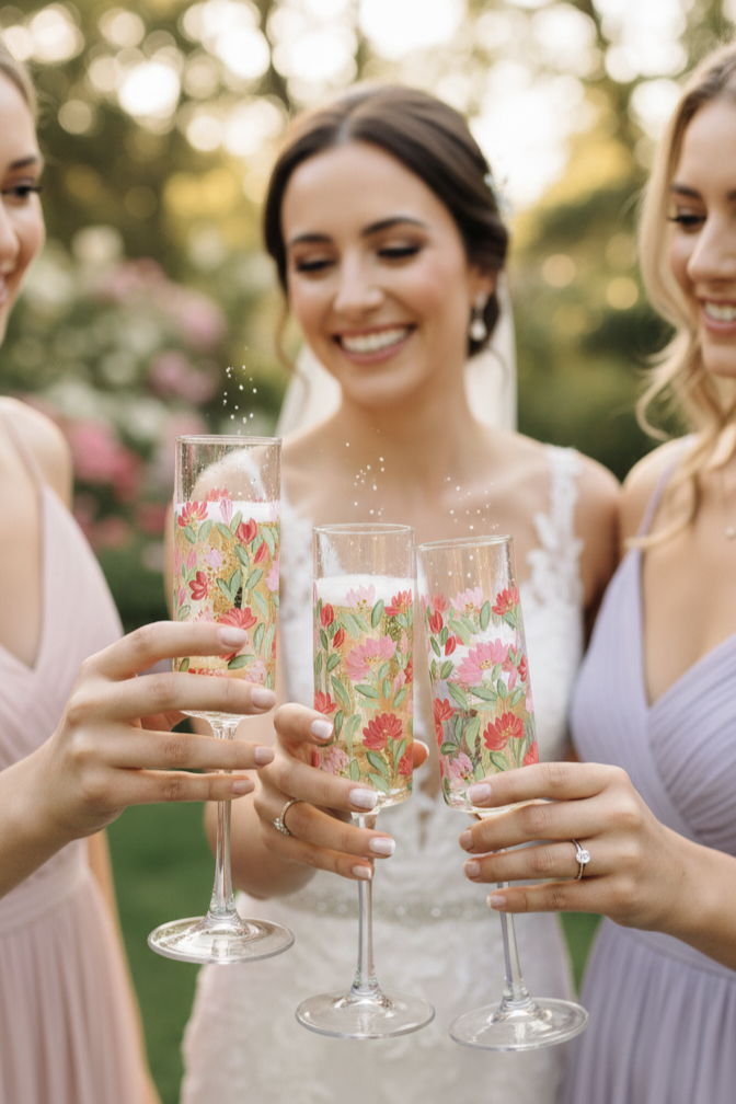 Hand-Painted Floral Champagne Flutes | Personalized Wedding Gift | Gift for couple| Set of 2