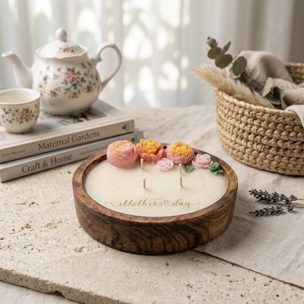 Handmade Wooden Dough Bowl Candle with Floral Embellishments (6 inches) - Lavender scented candle