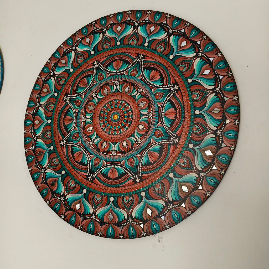 Original Hand-painted Dot Mandala Painting| 24" Teal, Orange, and Brown Bohemian Wall Art | Wall painting