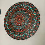 Original Hand-painted Dot Mandala Painting| 24" Teal, Orange, and Brown Bohemian Wall Art | Wall painting