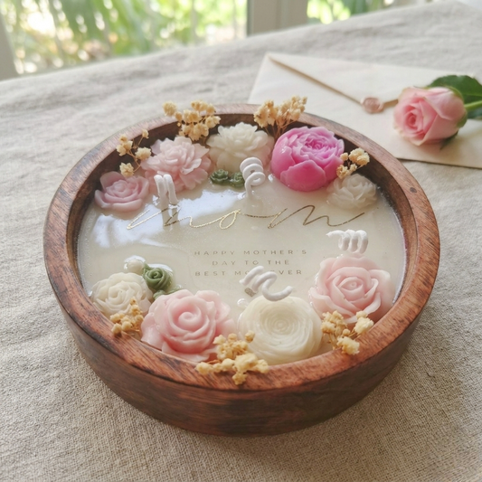 Handmade Mother’s Day Candle – 6" Wooden Dough Bowl Candle with 3D Floral Dough Art – Lavender Scented – "Happy mother's day to the Best Mom Ever" Personalized Gift for Her