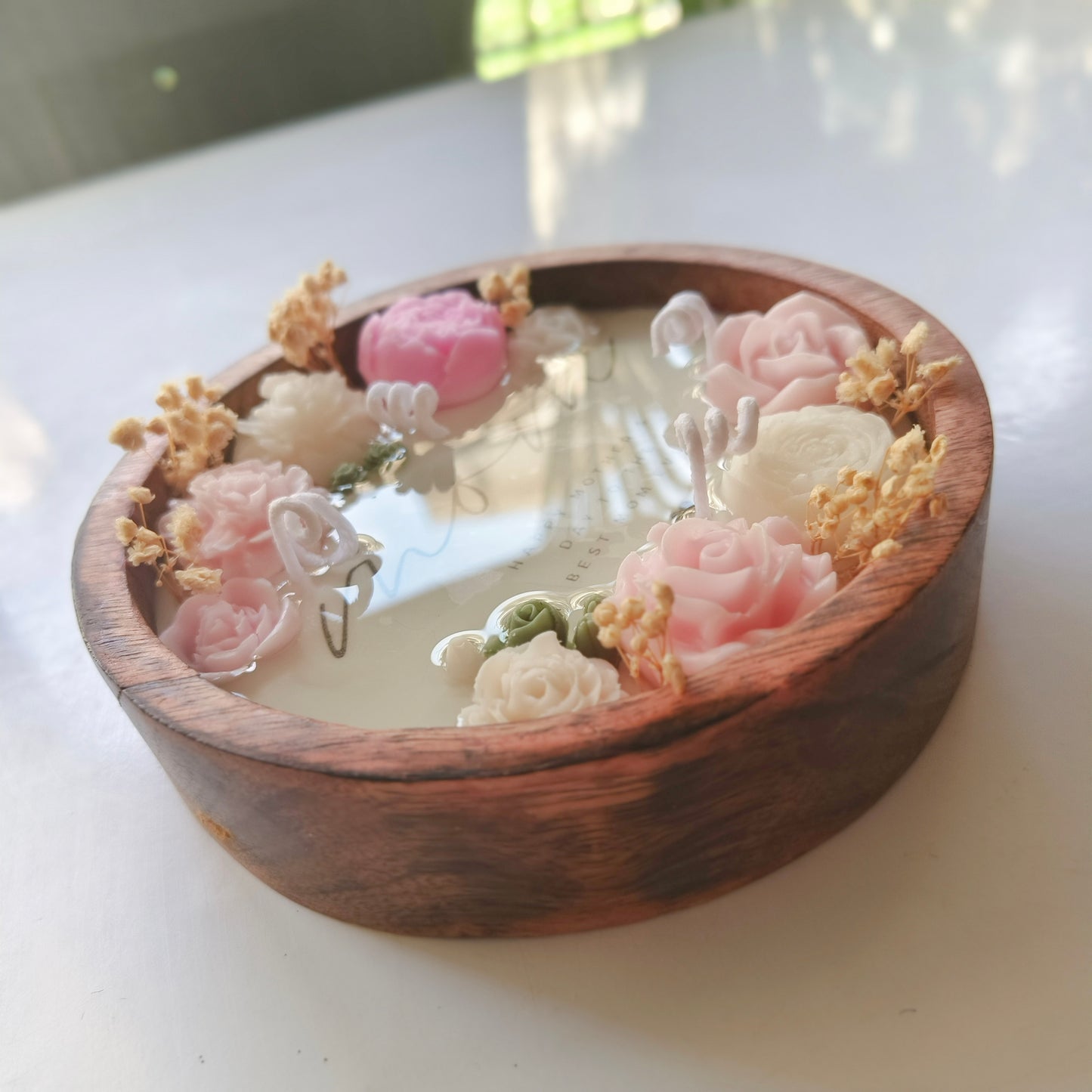 Handmade Mother’s Day Candle – 6" Wooden Dough Bowl Candle with 3D Floral Dough Art – Lavender Scented – "Happy mother's day to the Best Mom Ever" Personalized Gift for Her