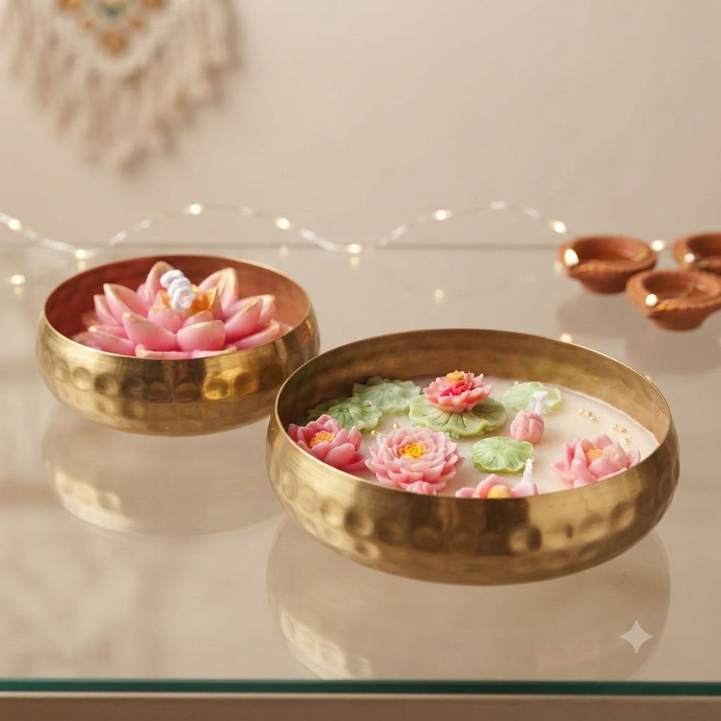 Lotus Urli Soy Wax Candle Set (5" & 4") | Festive Diwali Decor & Gifts