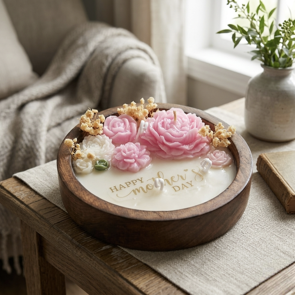 Handmade Wooden Dough Bowl Candle with Floral Embellishment  - Personalized message candle - lavender fragrance