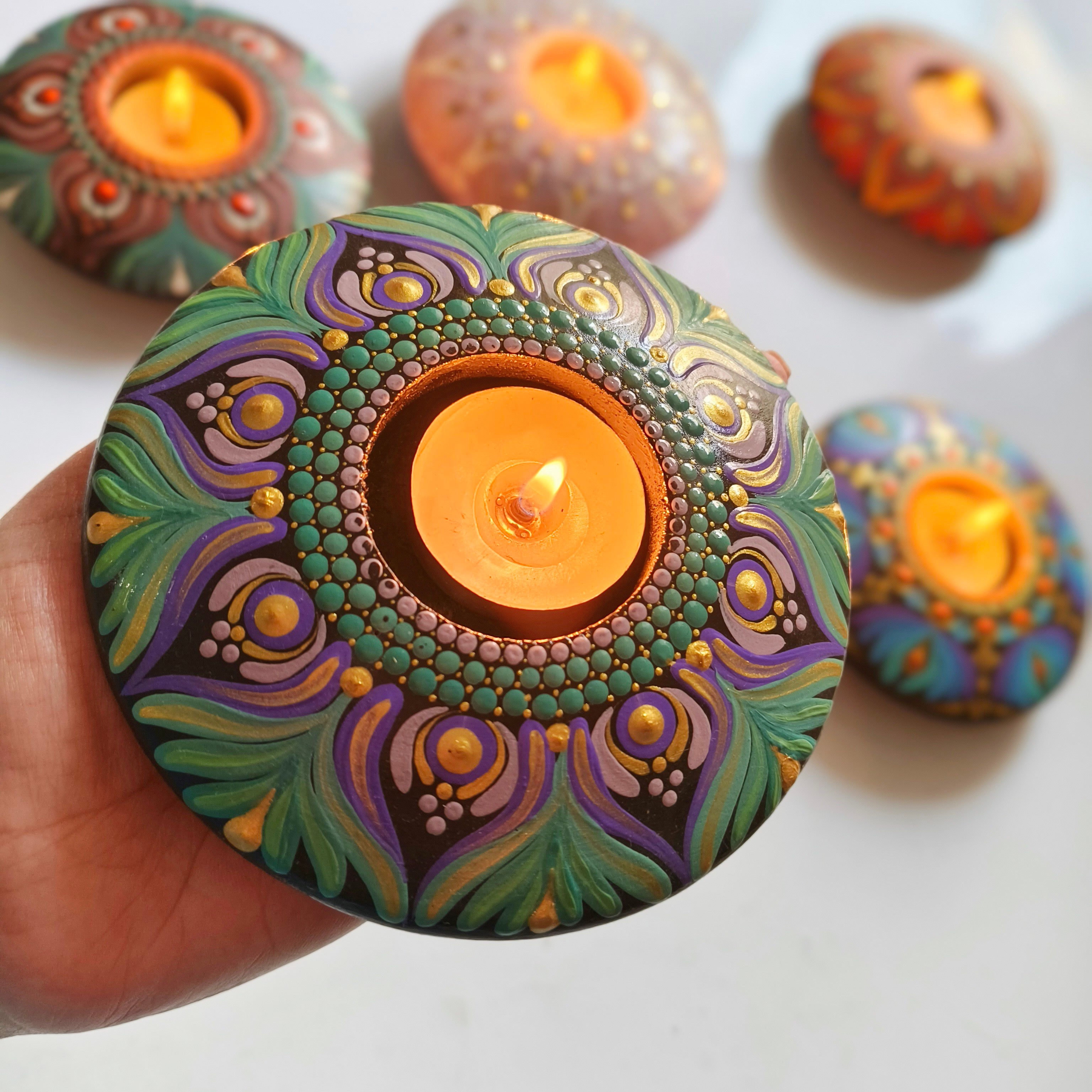 Hand-Painted Mandala Purple and Green T-Light Holder – Colorful Dot Art Candle Holder for Home Decor & Gifting