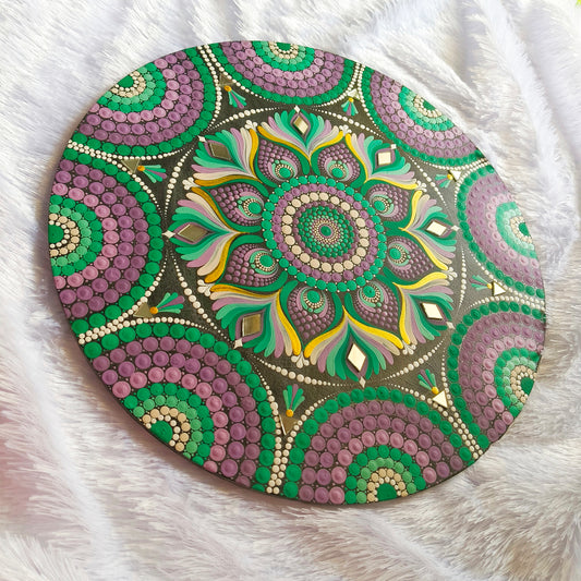 12" Purple and Green Dot Mandala Wall Art - Hand-Painted Pointillism on Canvas - Mirror Mosaic Boho Decor - Zen Meditation Gift - Unique Mandala Art