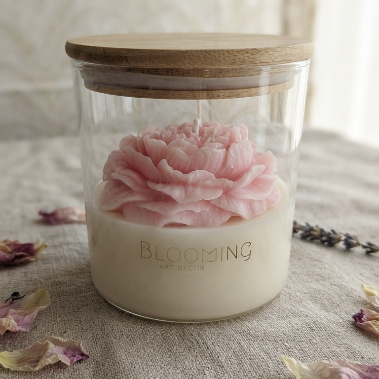 Hand-Poured Floral Soy Wax Candle in Glass Jar with Wooden Lid | 400ml Aesthetic Peony , Lotus Candle | Luxury Home Decor & Gift